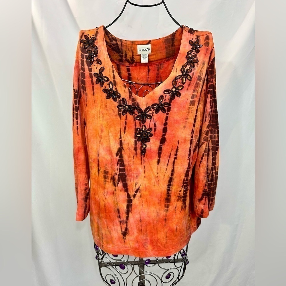 Chico's orange tie dye blouse with rhinestone neckline size L
